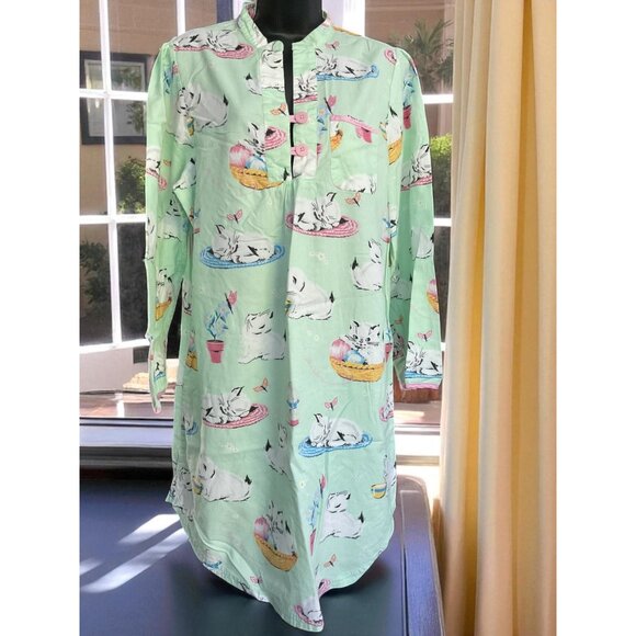 Nick & Nora Mint Green Long Sleeve Nightshirt With Cat Print & Mandarin Collar - Picture 4 of 12